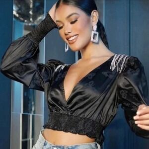 SHEIN X Black Satin Butterfly Jacquard V-Neck Crop Top Rhinestone Fringe Medium